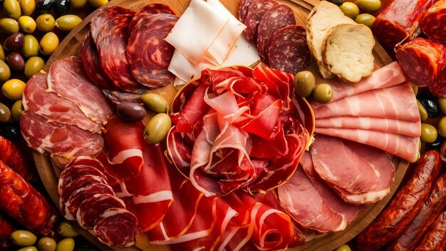 Photo spanish cold meat assortment chorizo fuet lomo jamon iberico olives top view