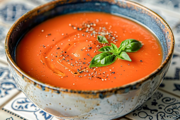 사진 타일 표면 에 있는 스페인 의 추운 여름 토마토 수프 가스파초