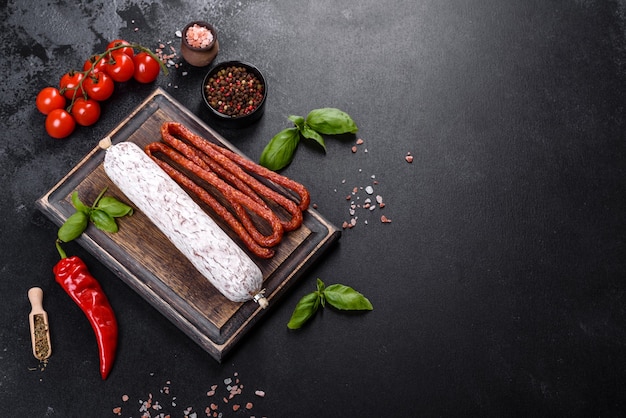 Spanish dried sausage salami on a dark concrete background. Preparation of delicious fresh sandwiches