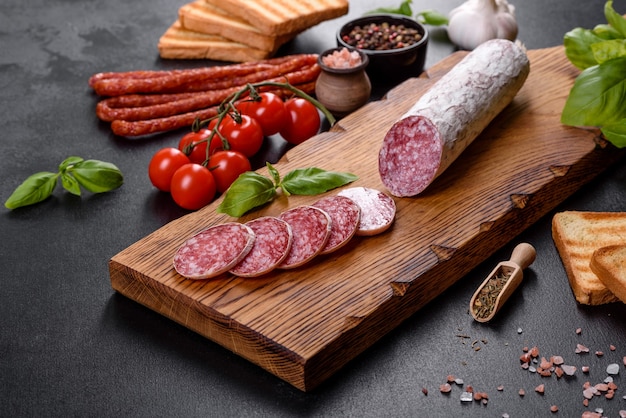 Spanish dried sausage salami on a dark concrete background. Preparation of delicious fresh sandwiches