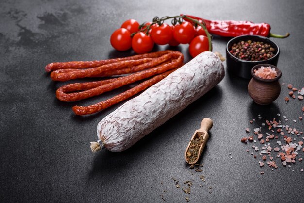 Spanish dried sausage salami on a dark concrete background. Preparation of delicious fresh sandwiches