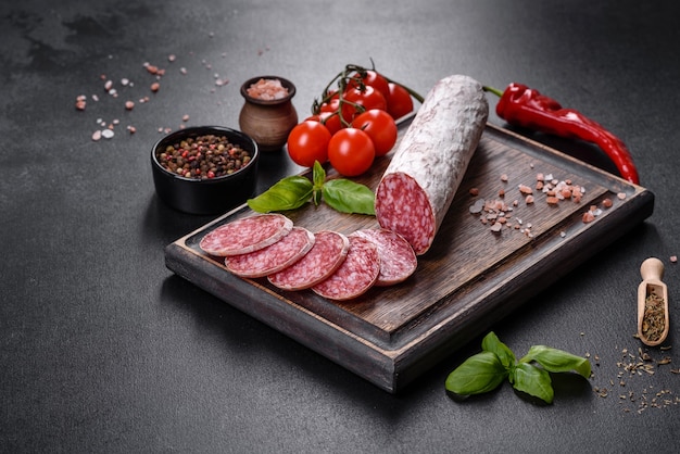 Spanish dried sausage salami on a dark concrete background. Preparation of delicious fresh sandwiches