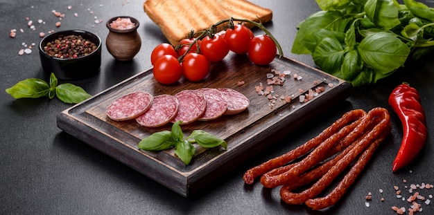 Spanish dried sausage salami on a dark concrete background. Preparation of delicious fresh sandwiches