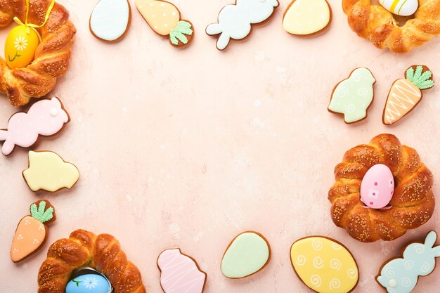 Spanish Easter cake Traditional mona de pascua typical in Spain with boiled eggs eaten inside on pink rustic table background Typical food of the Spanish pastry Mona de Pascua Top view Mock up