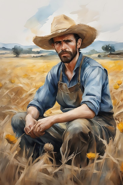 Spanish farmer man in the field oil painting style portrait