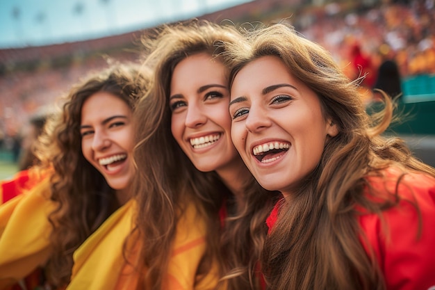 Spanish female soccer fans in a World Cup stadium celebrating Spanish national team football win