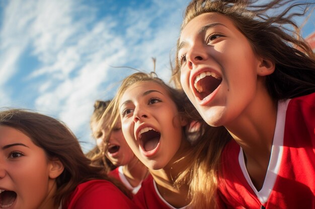 Spanish female soccer fans in a World Cup stadium celebrating Spanish national team football win