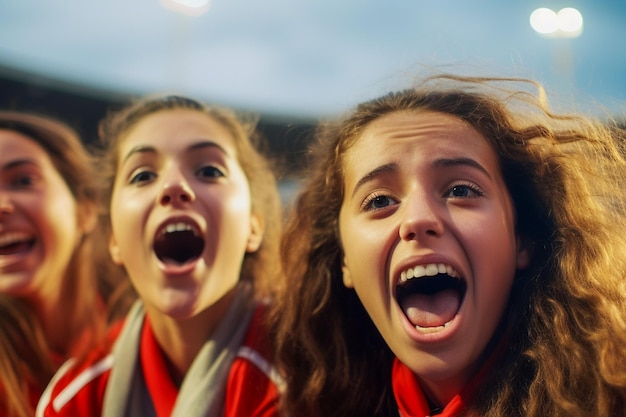 Spanish female soccer fans in a World Cup stadium celebrating Spanish national team football win