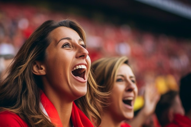 Spanish female soccer fans in a World Cup stadium celebrating Spanish national team football win