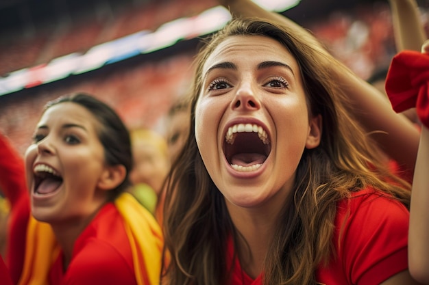 Spanish female soccer fans in a World Cup stadium celebrating Spanish national team football win
