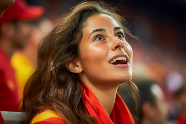 Spanish female soccer fans in a World Cup stadium celebrating Spanish national team football win