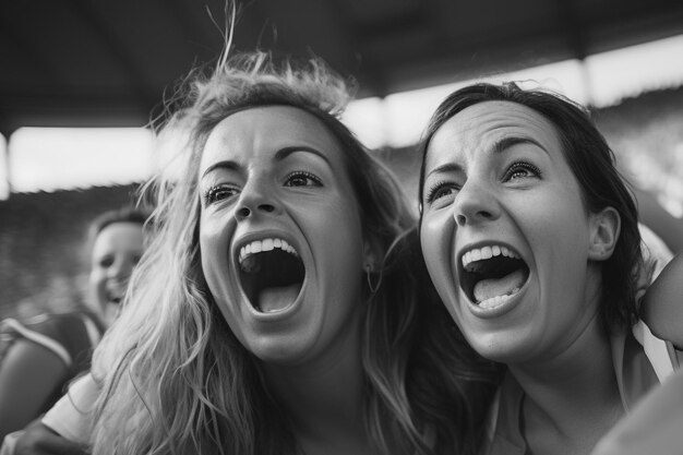 Spanish female soccer fans in a World Cup stadium celebrating Spanish national team football win