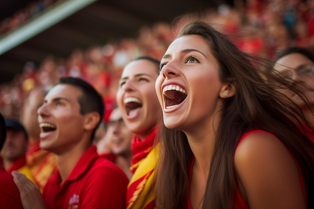 Spanish female soccer fans in a World Cup stadium celebrating Spanish national team football win