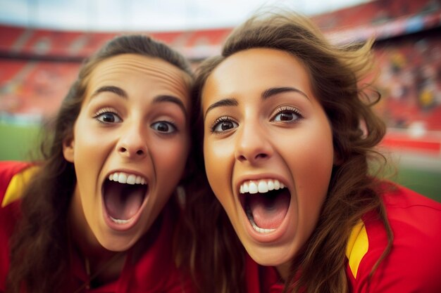 Spanish female soccer fans in a World Cup stadium celebrating Spanish national team football win