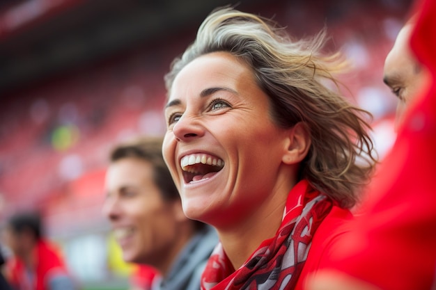 Spanish female soccer fans in a World Cup stadium celebrating Spanish national team football win