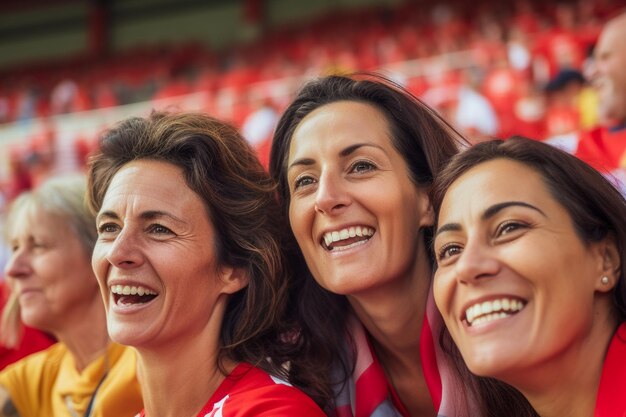 Spanish female soccer fans in a World Cup stadium celebrating Spanish national team football win