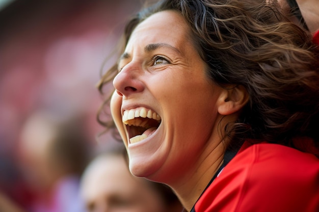 Spanish female soccer fans in a World Cup stadium celebrating Spanish national team football win