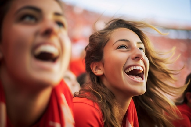 スペインの女子サッカーファンがワールドカップのスタジアムでスペイン代表の勝利を祝っている