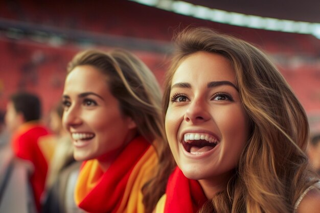 Spanish female soccer fans in a World Cup stadium celebrating Spanish national team football win