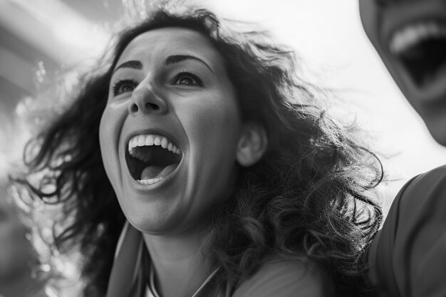 Spanish female soccer fans in a World Cup stadium celebrating Spanish national team football win