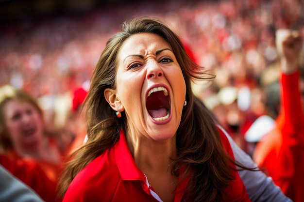 Spanish female soccer fans in a World Cup stadium celebrating Spanish national team football win