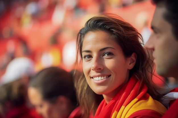 Spanish female soccer fans in a World Cup stadium celebrating Spanish national team football win