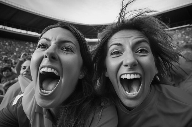 Spanish female soccer fans in a World Cup stadium celebrating Spanish national team football win