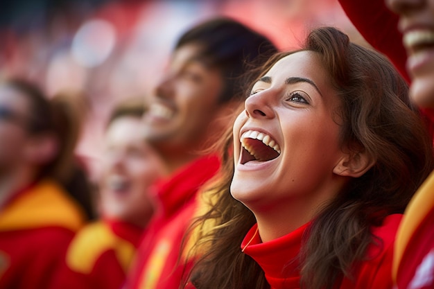 Spanish female soccer fans in a World Cup stadium celebrating Spanish national team football win