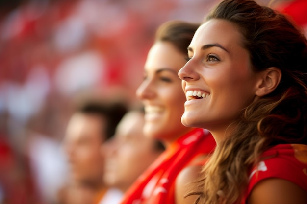 Spanish female soccer fans in a World Cup stadium celebrating Spanish national team football win