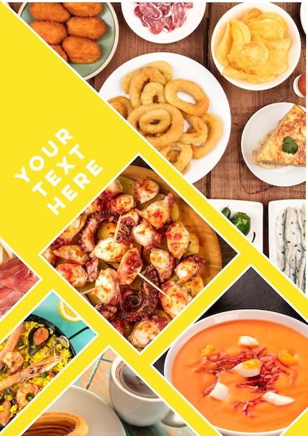 spanish food collage with a place for text or logo design template photos of the dishes of spain a layout for a menu cover a poster a flyer etc