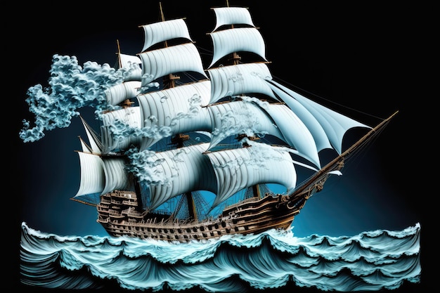 穏やかな海に浮かぶスペインのガレオン船を 3 次元で表示