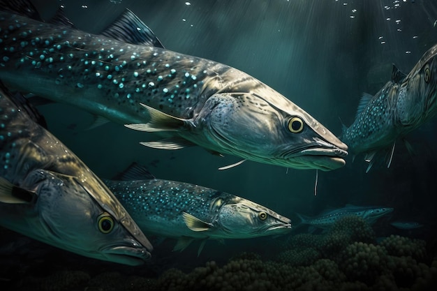ジェネレーティブ AI によるサワラ魚の水中緑豊かな自然