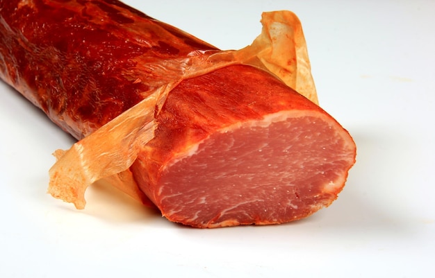 Spanish meat delicacy from pork dry-cured carbonade lomo\
curado