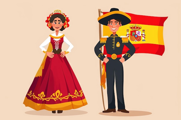 Spanish in national dress with a flag Man and woman in traditional costume Travel to Spain People Vector flat illustration