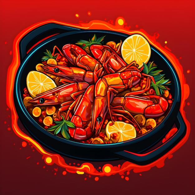 Испанская паэлья ретро неоновая икона иллюстрация морепродукты