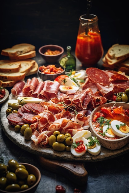 Spanish tapas platter with meats olives bread accompanied by wine