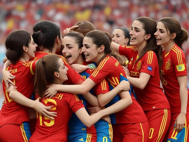 Spanish womens national football team hugging after winning the final