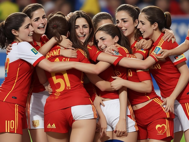 Женская сборная Испании по футболу обнимается после победы в финале