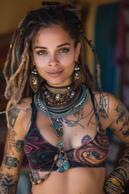 Photo a spanish youngwoman with pink dreadlocks facial piercings and tattoos urban setting