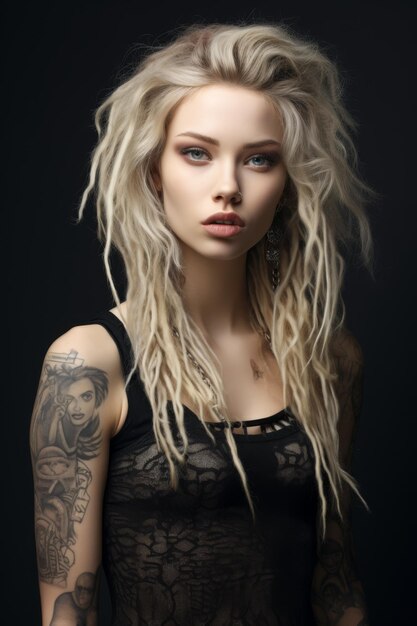 a spanish youngwoman with pink dreadlocks facial piercings and tattoos urban setting