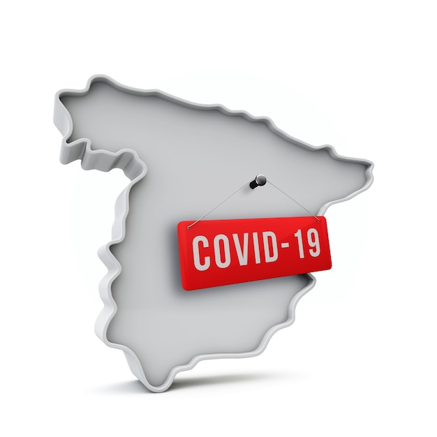 Spanje eenvoudige d-kaart met covid rood label d-rendering