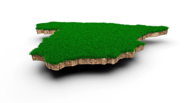 Spanje kaart bodem land geologie dwarsdoorsnede met groen gras en rotsgrond textuur 3d illustratie