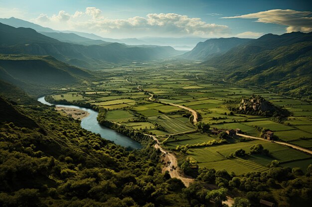 Spanje landschap Vallei in de bergen en rivier Luchtfoto van drone Generatieve AI Kunst Prachtig beeld