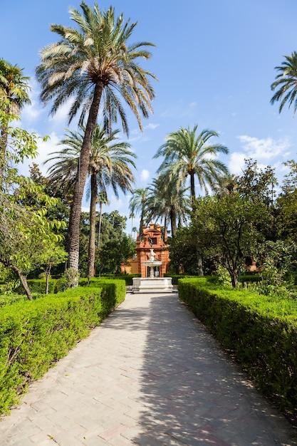 Spanje, regio Andalusië. Detail van de tuin van het Alcazar Royal Palace in Sevilla.
