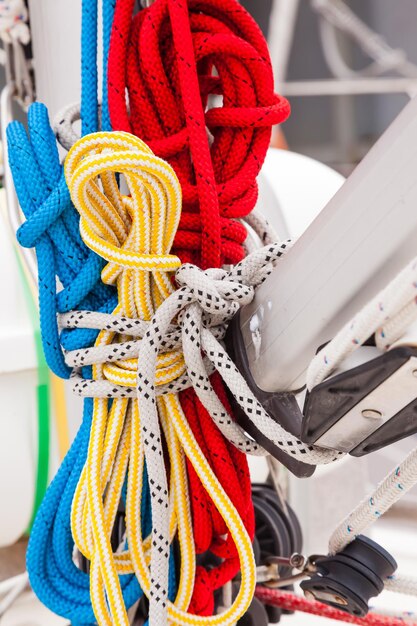 Premium Photo  Spare colored ropes tied to the mast of a sailing