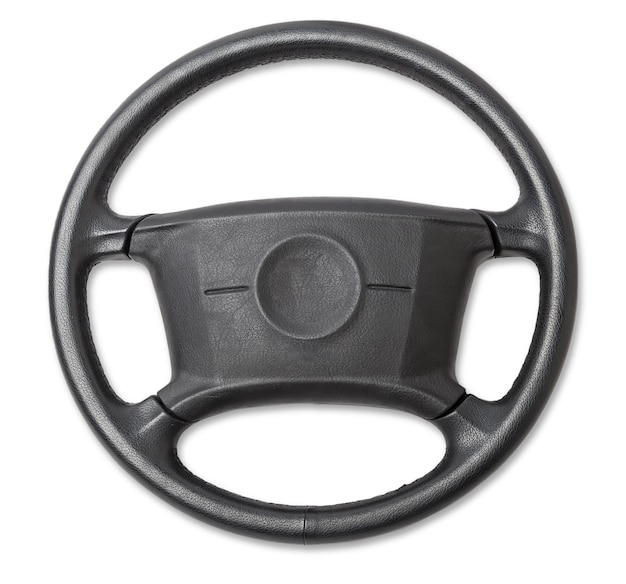 Spare part and interior element of a car steering wheel with leather trim and buttons with airbag on a white isolated background Auto service industry Catalog of junkyard