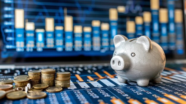 Foto sparen van geld door pink piggy bank concept van sparen en investeringen piggy bank op een futuristische achtergrond met grafieken en diagrammen