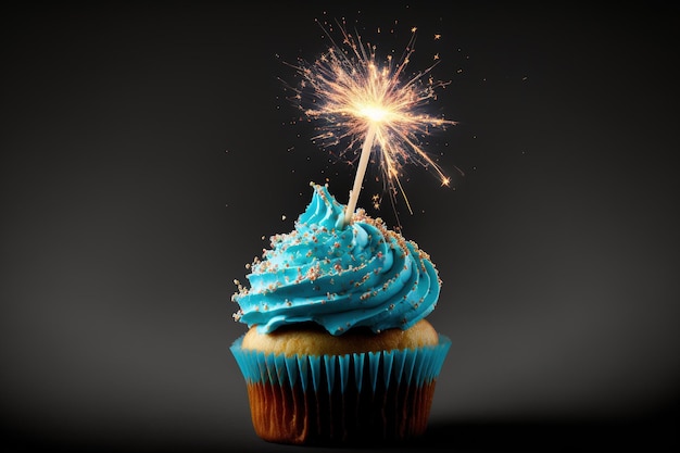 Sparkler bedekte cupcake met een blauwe achtergrond