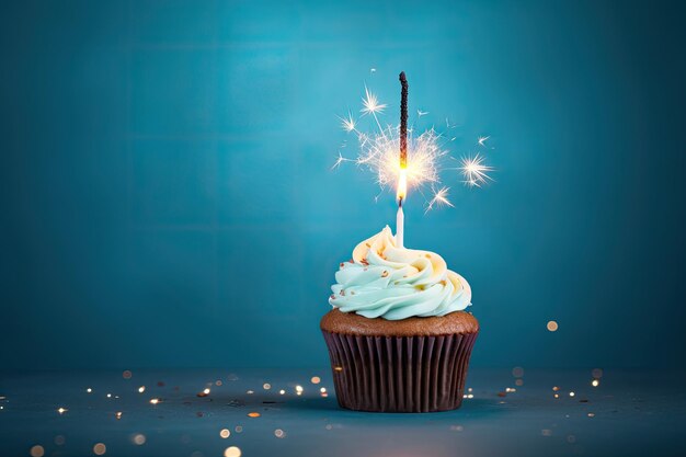 Photo sparkler topped cupcake on blue backdrop