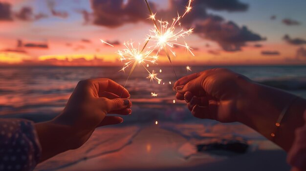 Sparklerlit hands before ocean fireworks at dusk blending joy with horizon